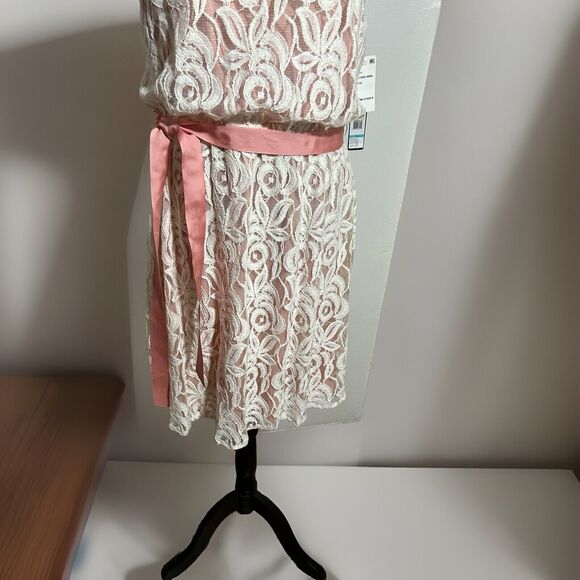 Sienastudio Lace Overlay A Line Dress Peach Under With Ribbon Sash. Size 16 New - Picture 6 of 11